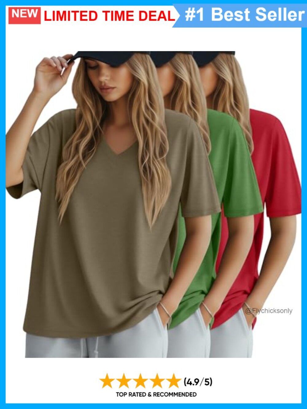Women's 3 Pack Oversized Cotton Blend V-Neck Short Sleeve T-Shirts Loose Fit